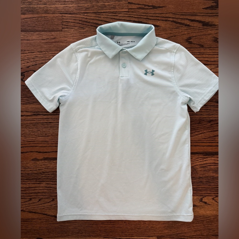 Under Armour Boys Light Blue Pinstriped Performance Polo Shirt, Size Medium